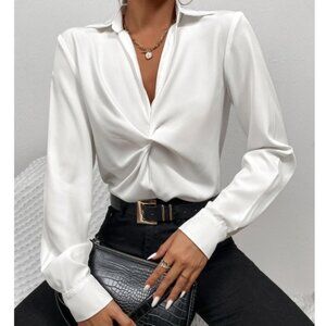 Twist Front White Office Shirt Long Sleeve Collar Neckline V-Neck